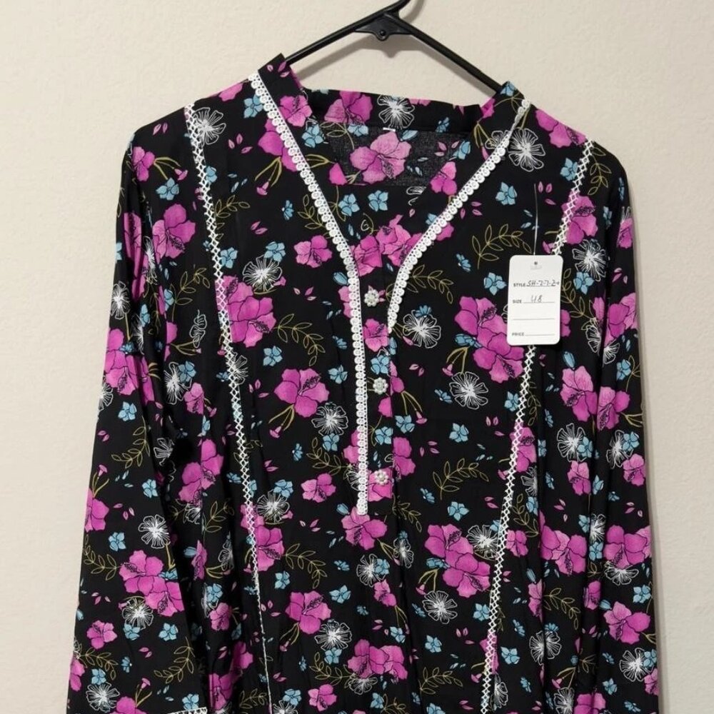 Women's Lace Shalwar Kameez And Pant Cord Set Black Purple Floral Print XL 48